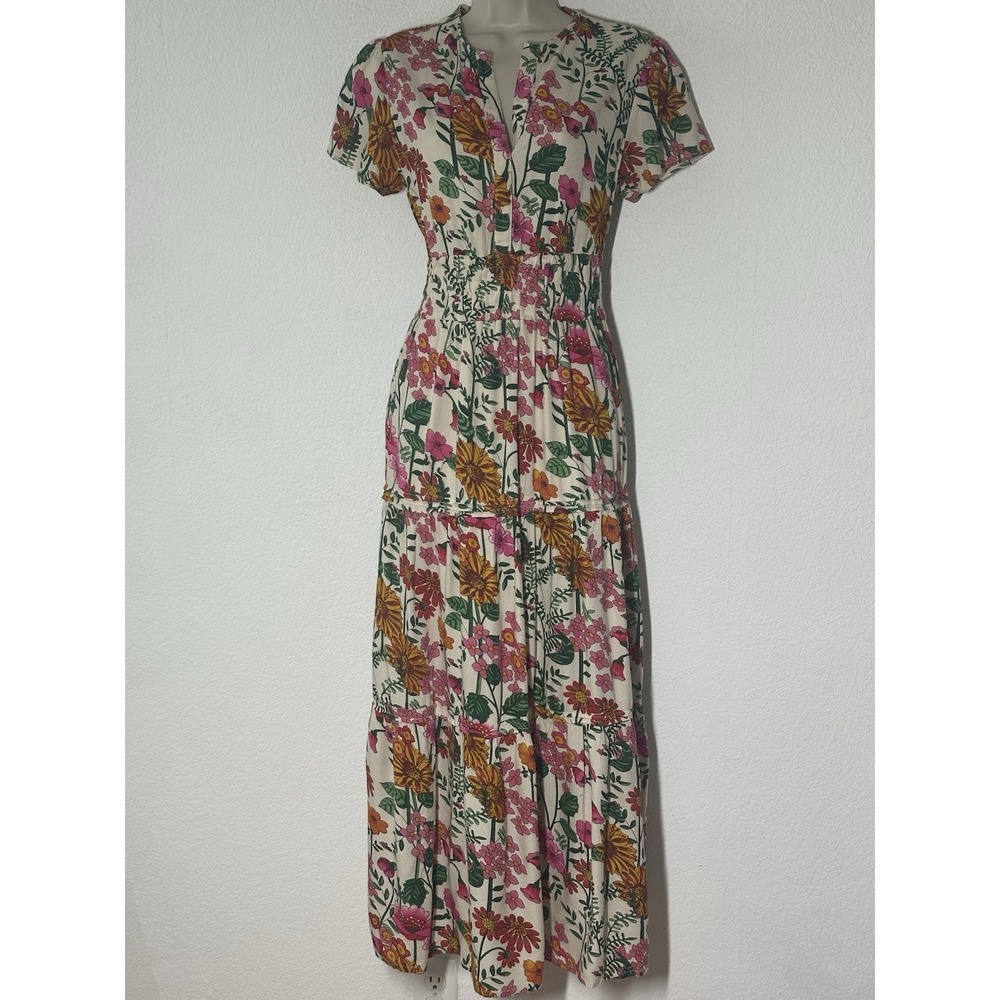 Liza Bryd Smocked Waist‎ Tiered Maxi Dress XS Retro Floral Flutter Sleeve Pocket